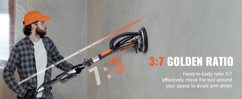 VEVOR Drywall Sander (Dust Bag not Included, Compatilble /w Vacuum Cleaner), 800W Brushless Motor Electric Sander, Variable Speed 1000-2300 RPM Wall Sander, Foldable Ceiling Sander with Double-Deck