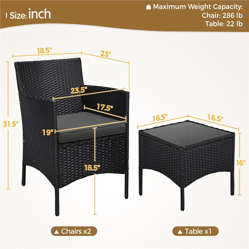 Costoffs 3-Piece Rattan Furniture Set, Outdoor Wicker Patio Conversation Furniture Set, 2-Piece Woven Rattan Chairs with Cushions & 1 Side Table for Bistro/Porch/Garden/Deck/Courtyard