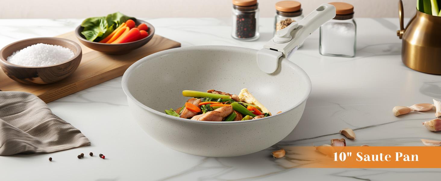 12 Pcs Pots and Pans Set Nonstick - Kitchen Cookware Set with Detachable Handle, Induction Cookware, Dishwasher Oven Safe, Beige