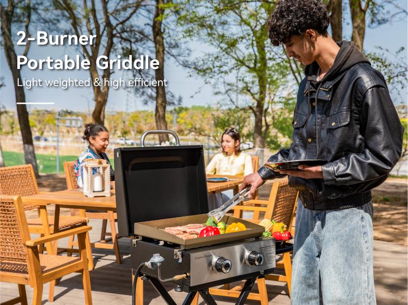 Kitchen Academy 27 Inch Flat Top Grill with Ceramic Coated Cast Iron Pan, 3-Burner Propane Gas, Nonstick Design, Stainless Steel Barbecue Home Food Kitchenware