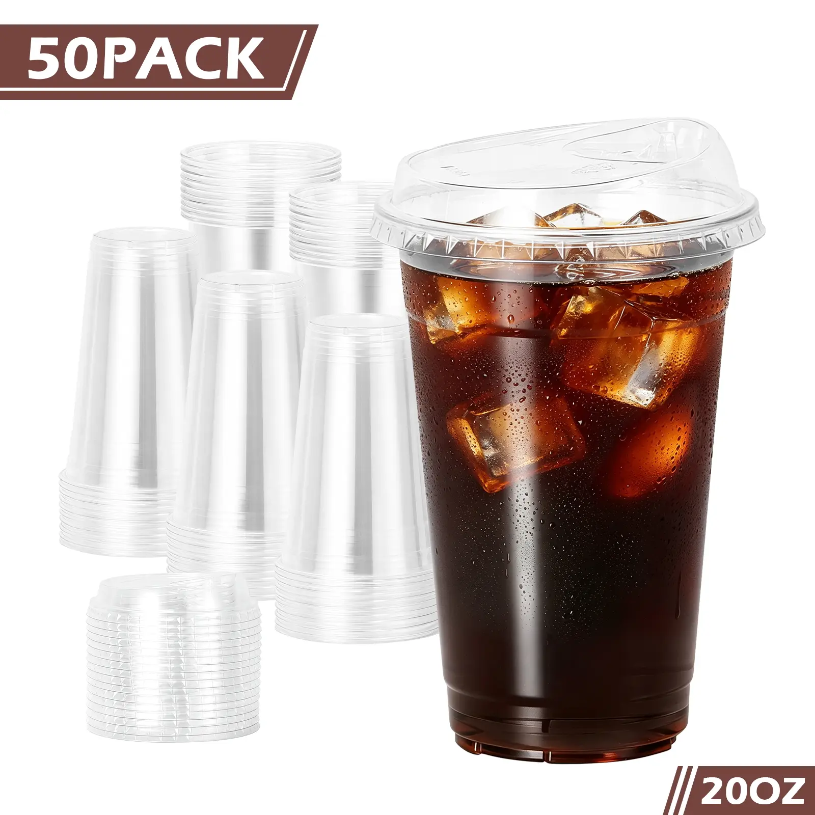 Leakproof Disposable PET Tumblers, 50/100-Pack 20oz Clear BPA-Free Recyclable Plastic Cups with Strawless Sip Lids, To-Go Drinkware for Iced Coffee, Smoothie, Summer Outdoor Use