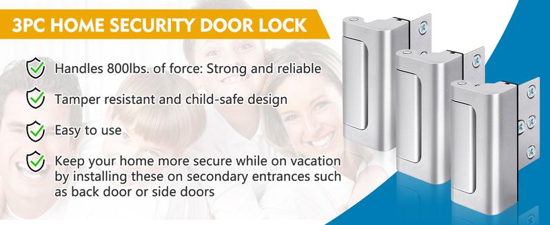 Home Security Door Reinforcement Lock. Door Security Lock Withstand 800 lbs for Inward Swinging Door