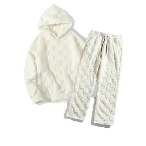 Men's Plush Fluffy Checkered Tracksuit, Hoodie & Joggers Set, Soft Fluffy Fabric, Casual & Lounge Wear