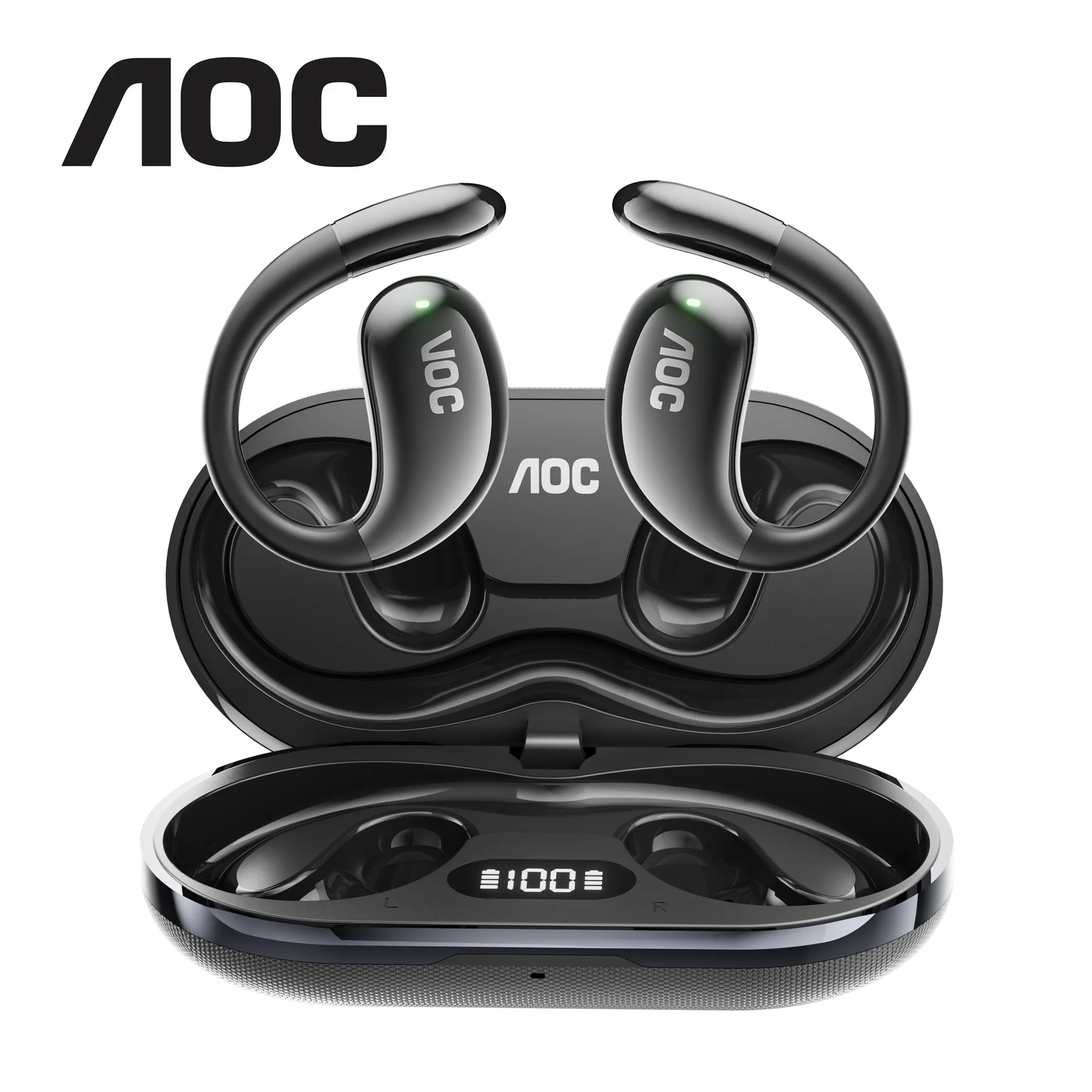 AOC ACD2514 Bluetooth 5.4 Headphones – Active Noise Cancellation, LED Display, Clear Calls, Sweatproof & Waterproof Sports Earphones; includes USB-C Charging Case, Real-Time Battery Display, and Universal Device Compatibility in-ear