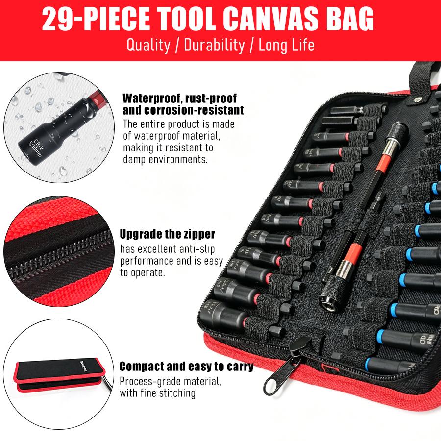 20Pcs & 29Pcs Magnetic Nut Driver Bit Set, 1/4 Inch Hex Shank, Metric & SAE Dual Sizes, CR-V Steel Impact Socket Bits Kit with Extension Bar & Canvas Storage Carry Bag