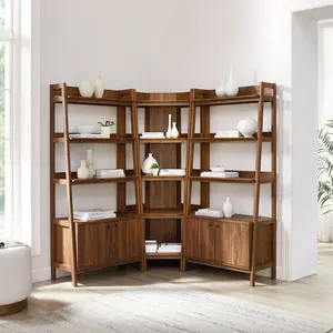 Bixby 3-Piece Corner Bookshelf Set with Wide Bookshelves in Walnut