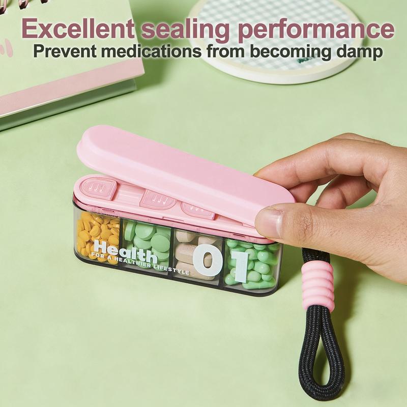 [Free!!ship] BMTWE Mini 4 Compartments Pillbox 4 PCS Portable Medication Holder Transparent Dual Sliding Self-Locking with Hanging Chain for Travel Business Outdoor Office Home
