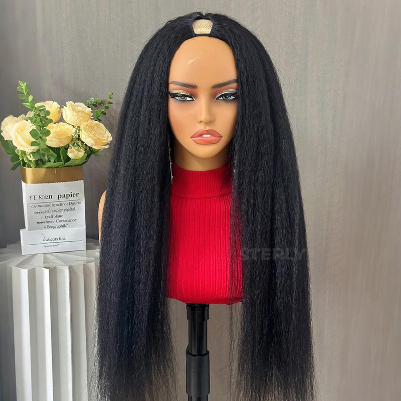 STERLY V Part Kinky Straight Human Hair Wig Yaki Straight Human Hair Wigs for Black Women Upgrade U part Wig No Leave Out 12A Glueless Kinky Straight V Shape Clip in Half Wig No Glue No Sew Beginner Friendly 180% Density Wig