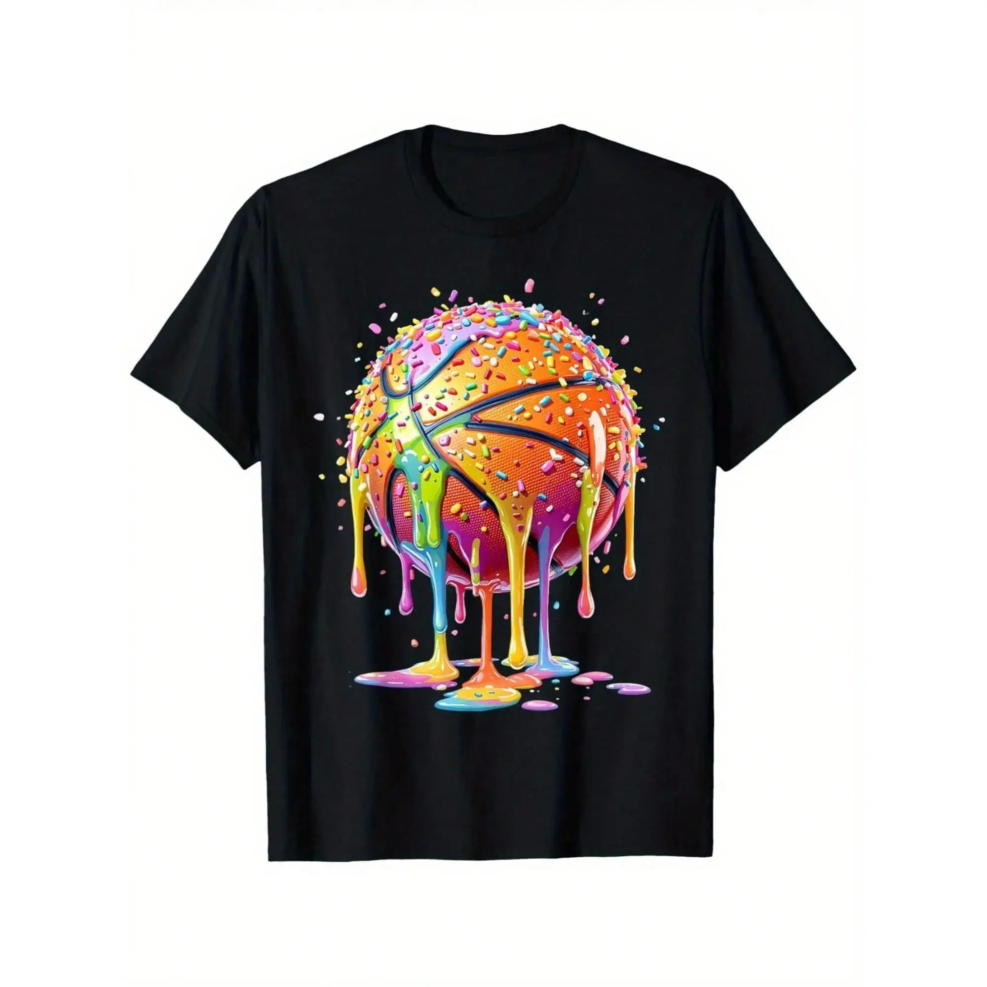 Kids' Casual Graphic T-Shirt - Basketball Ice Cream Drip Print, Breathable Short Sleeve Crew Neck, Funny T Shirt, Boys Style, Children's Playful Print Apparel, Street Style Drip, Unisex Sizes, Machine Washable Kids' Top