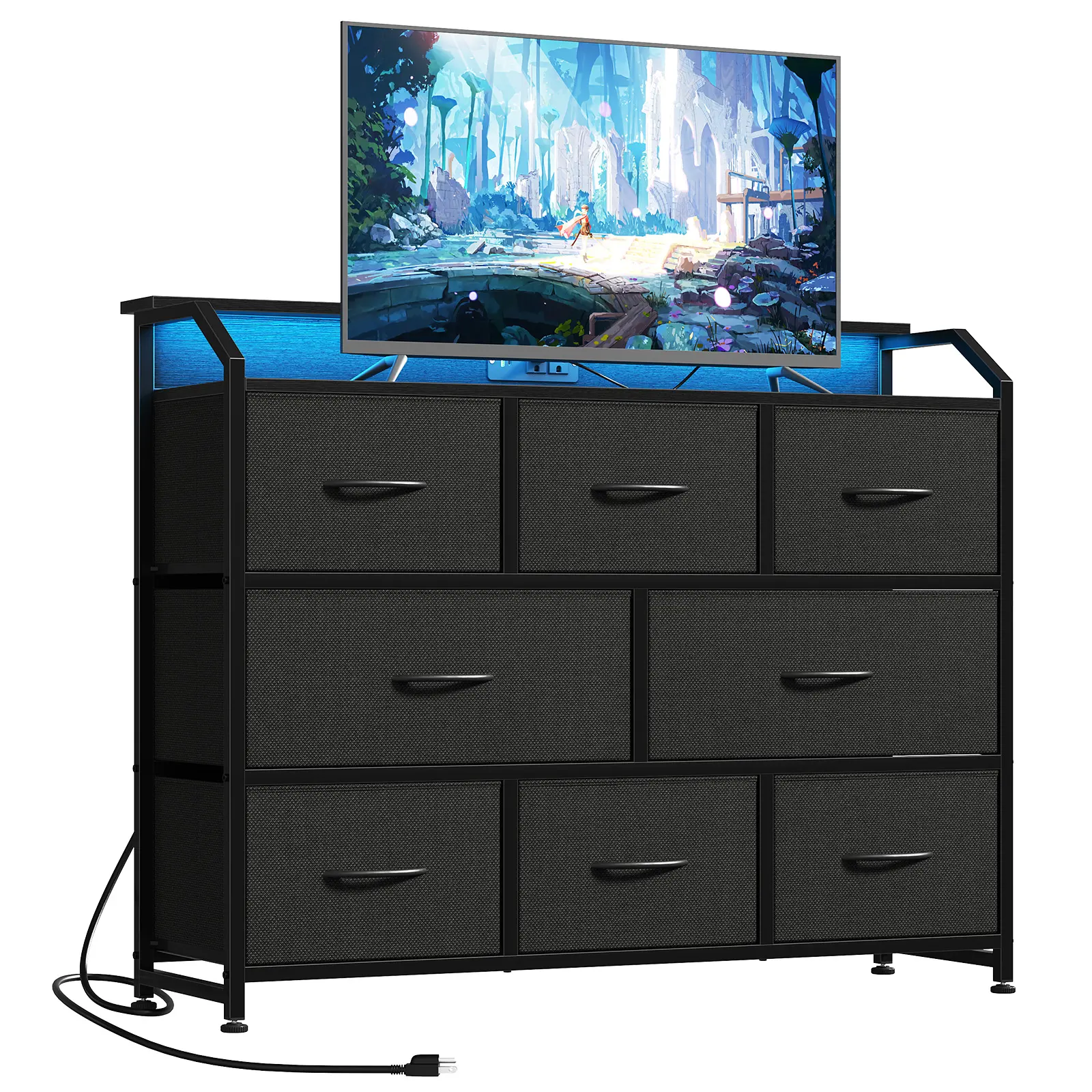 8 Fabric Drawers Dresser with Power Outlets LED Light, Multifunctional TV Stand Storage Cabinet for Bedroom, Living Room, Office, Hallway,dorm essentials,home decor