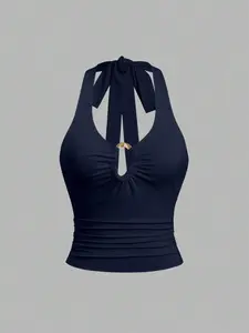 Dobris Laee Sweetra Retro Sexy Deep V-Neck Metal Buckle Decor Halter Neck Top