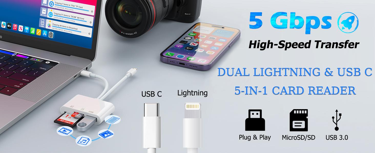 SD Card Reader for iPhone/Android Dedicated SD Card Viewer for Digital Tracking Cameras Built-in Dual Interface iOS and USB-C Card Reader Equipped with USB-A/SD/MicroSD Triple Card Slots Plug-and-Play Operation Without Applications