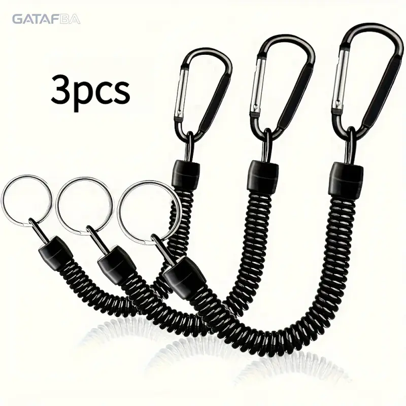 Heavy Duty Coiled Retractable Keychain Set (3-Pack, Black) - Sturdy Steel Wire (15lb Test Strength), Expandable Key Holders with Carabiner Clip, Split Ring for Outdoor Enthusiasts’ Camping, Hiking, Keychain Clip