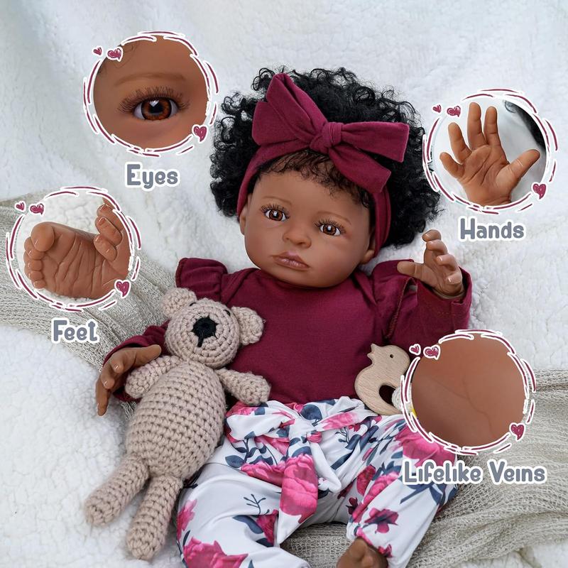 BABESIDE 20" Reborn Doll 8 Piece Set with Cloth Body & Vinyl Dark Skin Includes Gift Box Feeding Accessories Perfect for Christmas New Year Birthday Gift