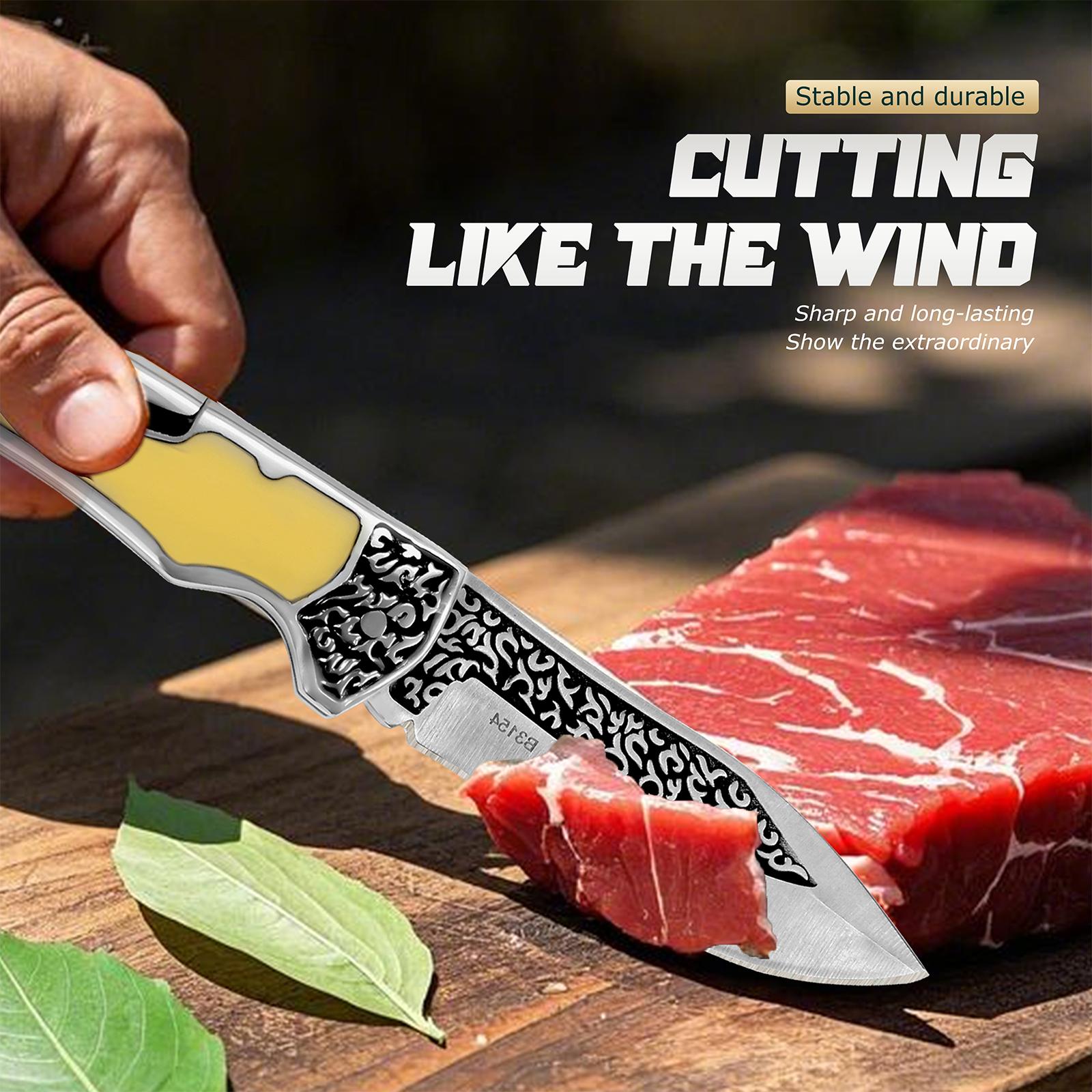 Exquisite carved pattern kitchen fruit knife, sharp blade, easy to cut meat, suitable for outdoor barbecue, camping, hiking, men's gift