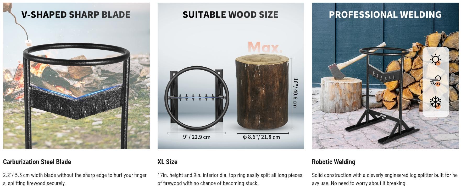 VEVOR Firewood Kindling Splitter, 9''x17'' XL Wood Splitter, Unique V-Shaped Finger-Safety Blade, Manual Log Splitter for Wood Splitting, Heavy Duty Strong Steel Structure & Stability, Log Splitter