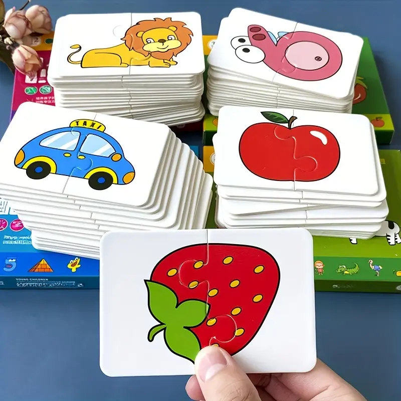 Educational Animal & Fruit Theme Puzzle Flash Cards, Visual Stimulation Cards, Vocabulary Flashcards, Early Development Toy, Preschool Learning Tool for Kids Ages 3-8, Winter Ramadan Gift