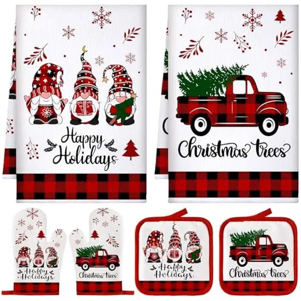 Multifunctional Christmas Kitchen Towel Set - Dish Towels, Oven Mitts, Pot Holders - Buffalo Plaid Farmhouse Holiday Kitchen Decor for Baking, Cooking - Ideal Gift for Family, Friends