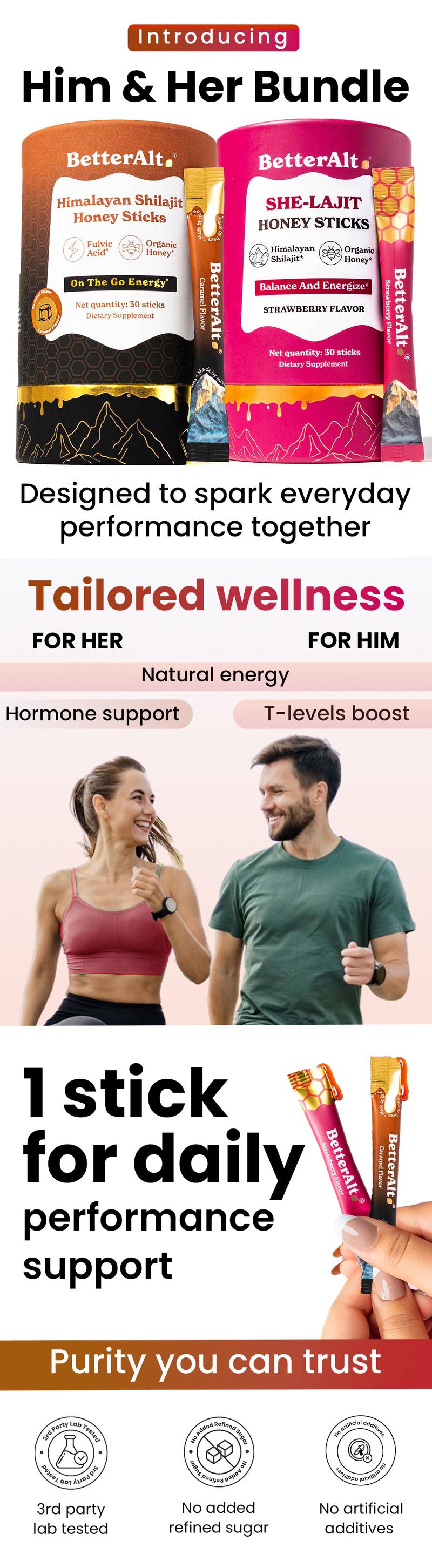 BOGO Him & Her Bundle | Shilajit Honey Sticks (Caramel) + SHE-Lajit Honey Sticks (Strawberry) | For Couple Energy & Stamina | Dietary Supplement BOGO Him & Her Bundle | Shilajit Honey Sticks (Caramel) + SHE-Lajit Honey Sticks (Strawberry) | For Couple Energy & Stamina | Dietary Supplement