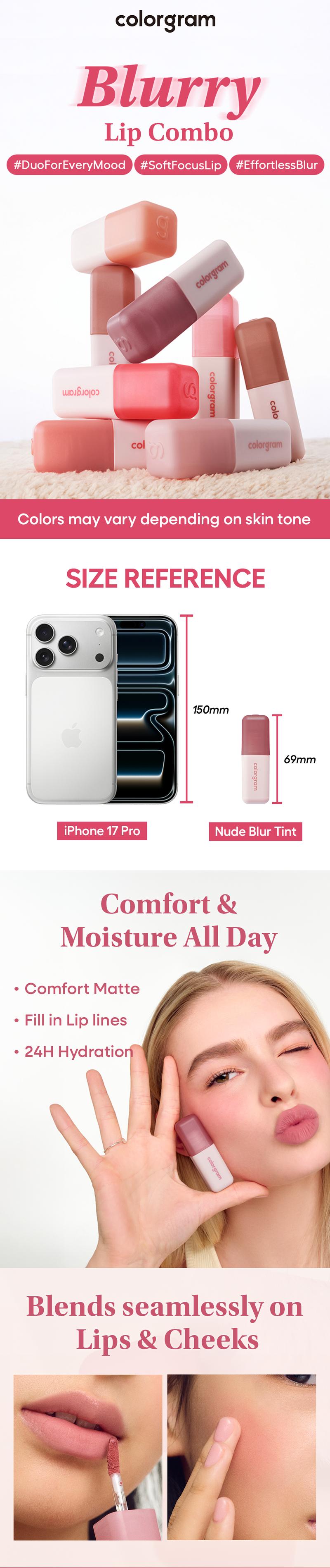 Colorgram Blurry Lip Duo | Nude Blur Tint Soft Velvet Matte Lip & Cheek Stain with Airbrushed Finish & Vegan Cruelty Makeup