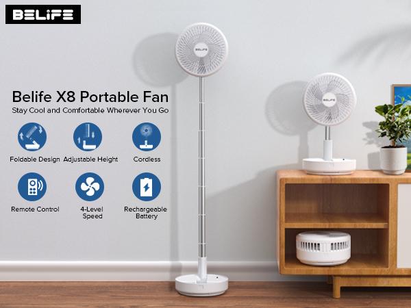 Belife X8 Portable Fan, Cordless Oscillating Fan with Remote, Foldable Telescopic Adjustable Height Fan, USB Rechargeable 7200mAh Battery Operated Camping Fan for Travel Outdoor Home Bedroom Sleeping