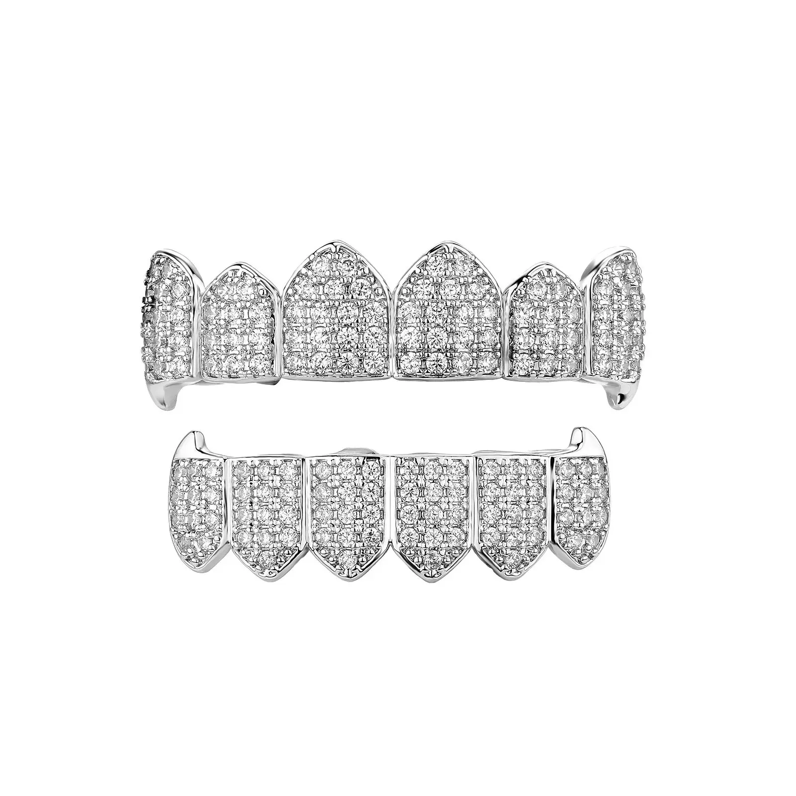 Unisex Iced Out Cubic Zirconia Vampire Fangs Grillz - One Size Formed Granules Custom Fit Hip-Hop Body Jewelry, Streetwear Styling Accessory for Role Play, Costume Party (Fanged Look, Stage Lights Compatible)