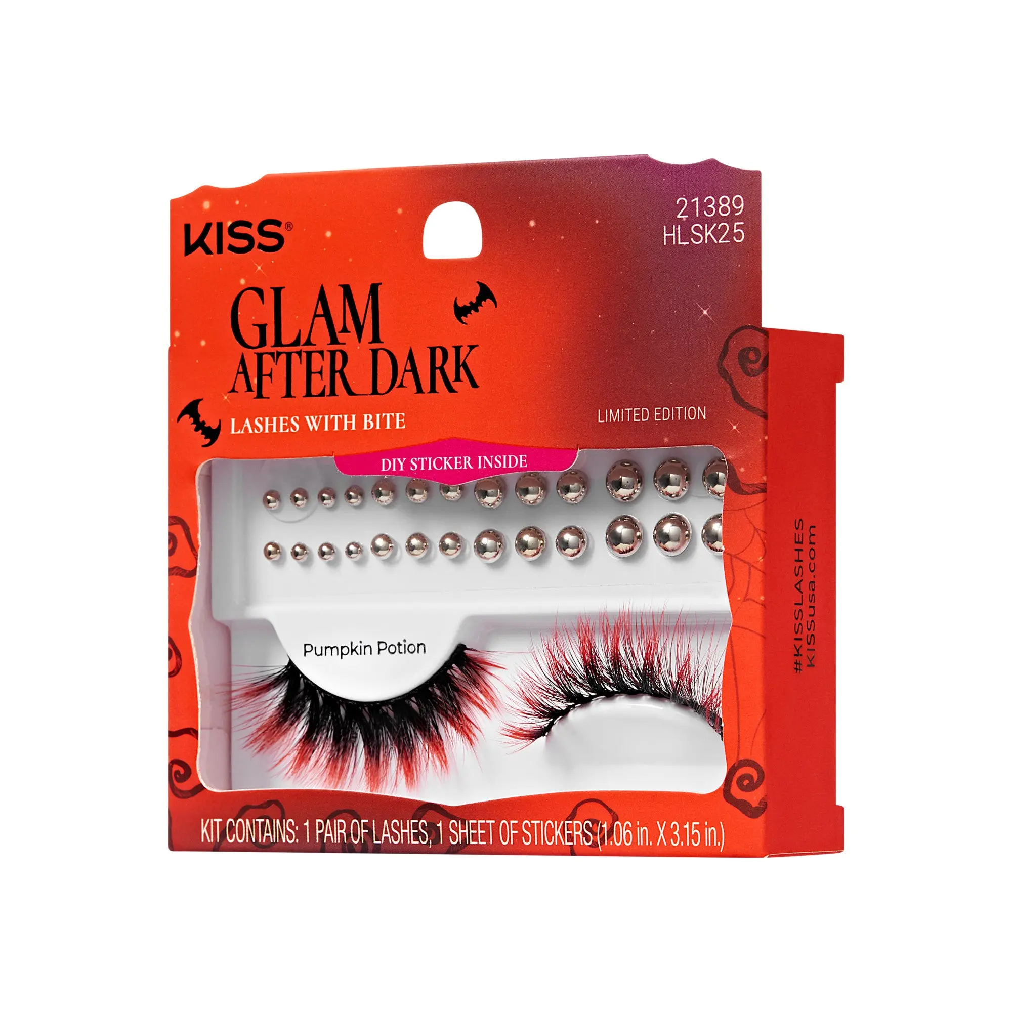 Kiss Halloween Decorated False Eyelashes & Gem Sticker - Pumpkin Potion | 1 Pair, Strip Lashes, 9mm-17mm