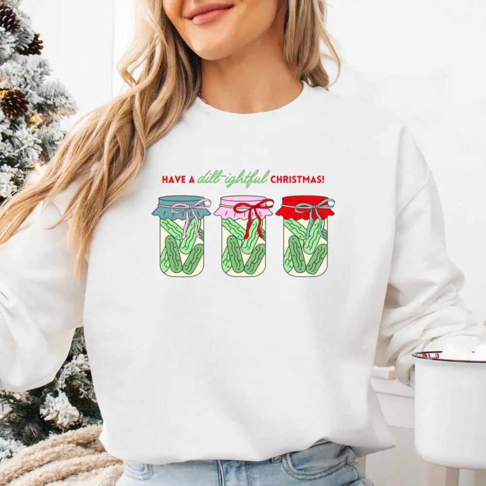 Men's Dill-ightful Christmas Pickles Long Sleeve Tops, Chic Regular Fit Party Sweatshirt
