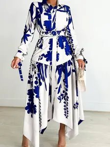 Printed Lapel Long Sleeved Dress