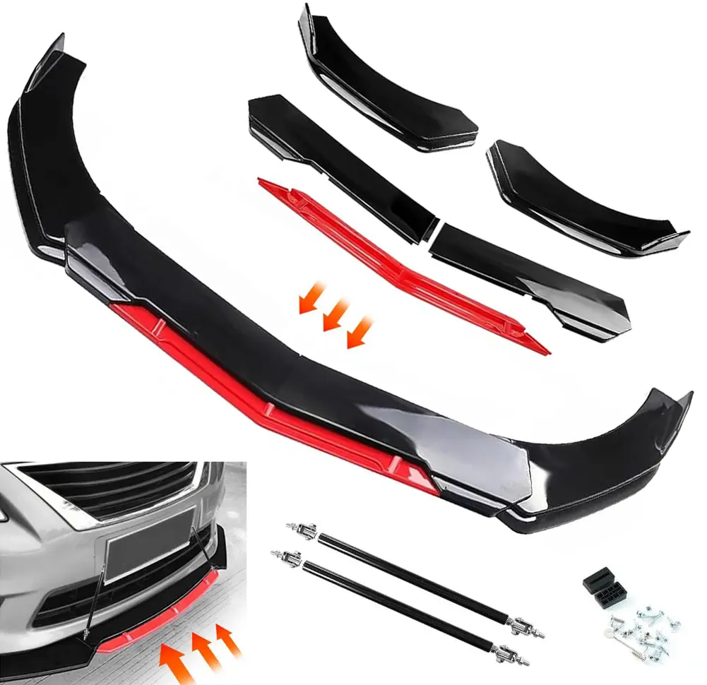 Black Red Universal Front Bumper Lip Splitter Front Lip Spoiler Body Kit with 2pcs Strut Rods ABS Compatible with Chevy Camaro Honda Civic Mitsubishi Kia Infiniti Mercedes-Benz VW Golf MK5 MK6 MK7 Ford Mustang