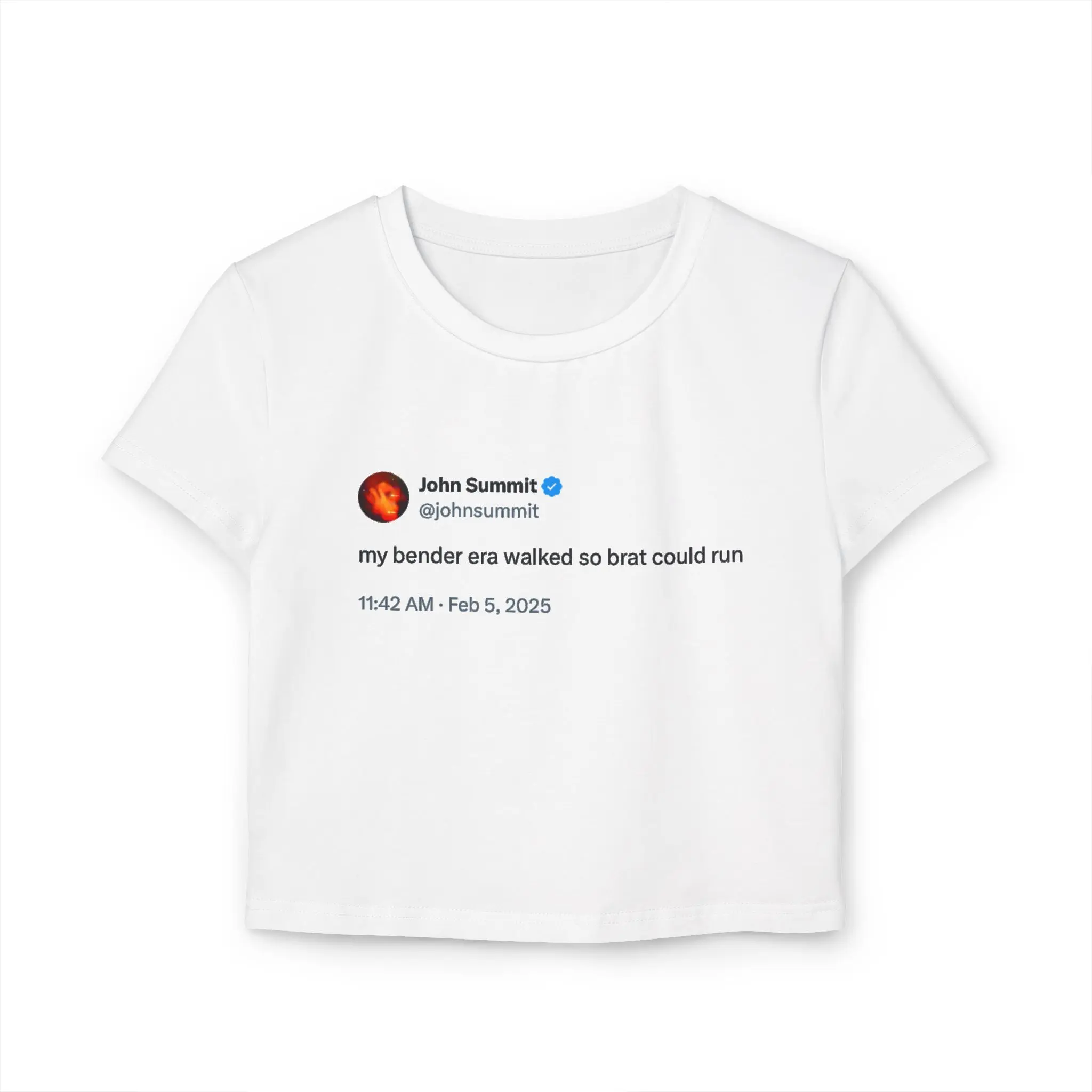 John Summit "My Bender Era Walked So Brat Could Run" Tweet | Funny John Summit Women's Baby Tee | EDM Festival Baby Tee | Rave Baby Tee | House Music Festival Top | Y2K Trendy DJ Club Shirt | Music Festival Party Outfit | EDM Rave Clothing
