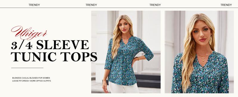 Womens 3/4 Sleeve Tops Business Casual Blouses V Neck Pleated Shirts Peasant Tunic Tops Dressy Casual Work Outfits Vneck Basic Womenswear