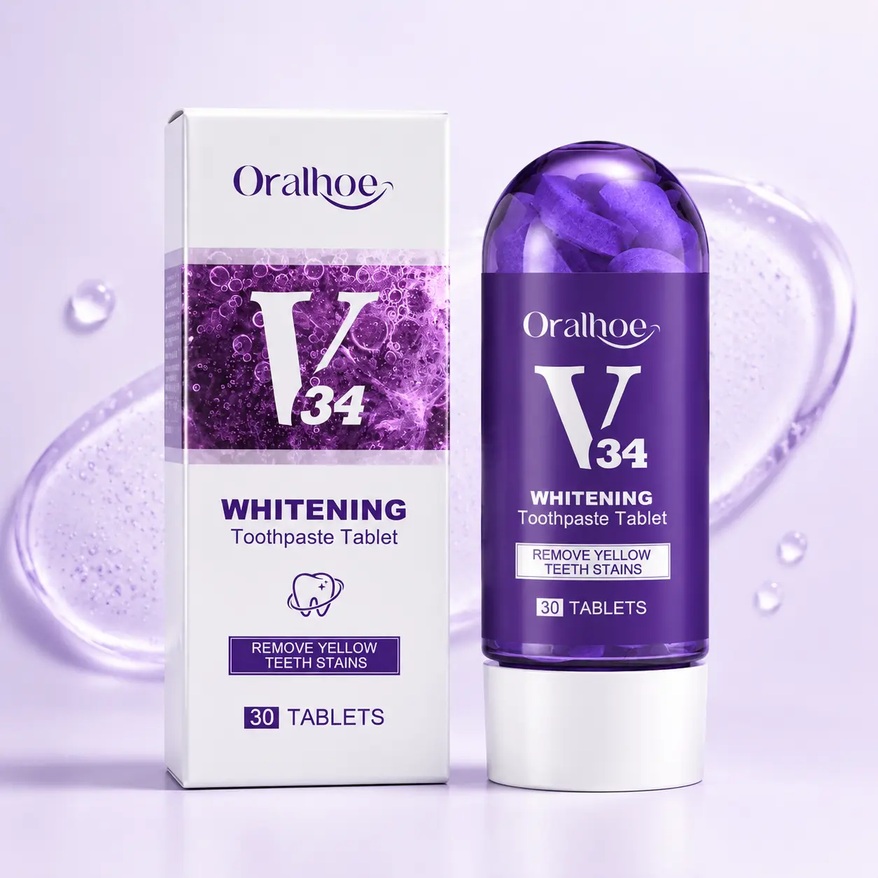 Oralhoe V34 Purple Chewable Teeth Whitening Toothpaste Tablets, 30Pcs Gentle Mild Blueberry Formula, Stain Removal Correction, Bad Breath Treatment, Travel Oral Care Product, Chew Then Brush, Fast Dissolve