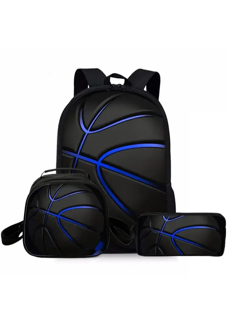 Boys' 3-Piece Basketball Backpack Set with Lunch Box & Pencil Case - Minimalist Waterproof Polyester, Embossed Texture, Adjustable Ergo Straps, Back to School Haul School Bag