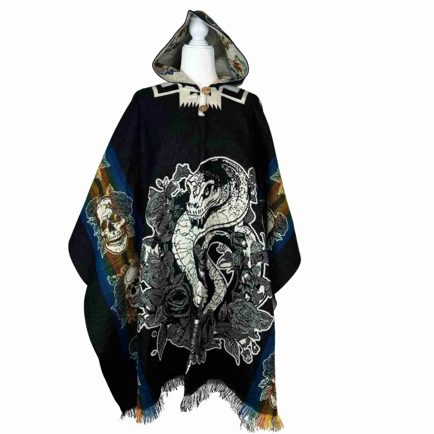 Soft Alpaca Acrylic Hooded Poncho, Unisex Baggy Boho Pullover with Snake, Roses & Skull Graphic, Winter Top, Tops, Garment, Loose, Wool, Oversized, Stylish, Snake Print, Fringe Edge, Style, Sweatshirts