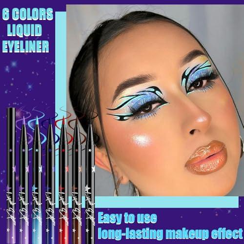 evpct 6Pcs Matte Eyeliner Set Pack Waterproof Smudge Proof, Lavender Purple Sky Royal Blue Red Brown Black Eye Liner for Face Body Paint, Longwear Eyeliners Waterline Thin Quick-dry 02