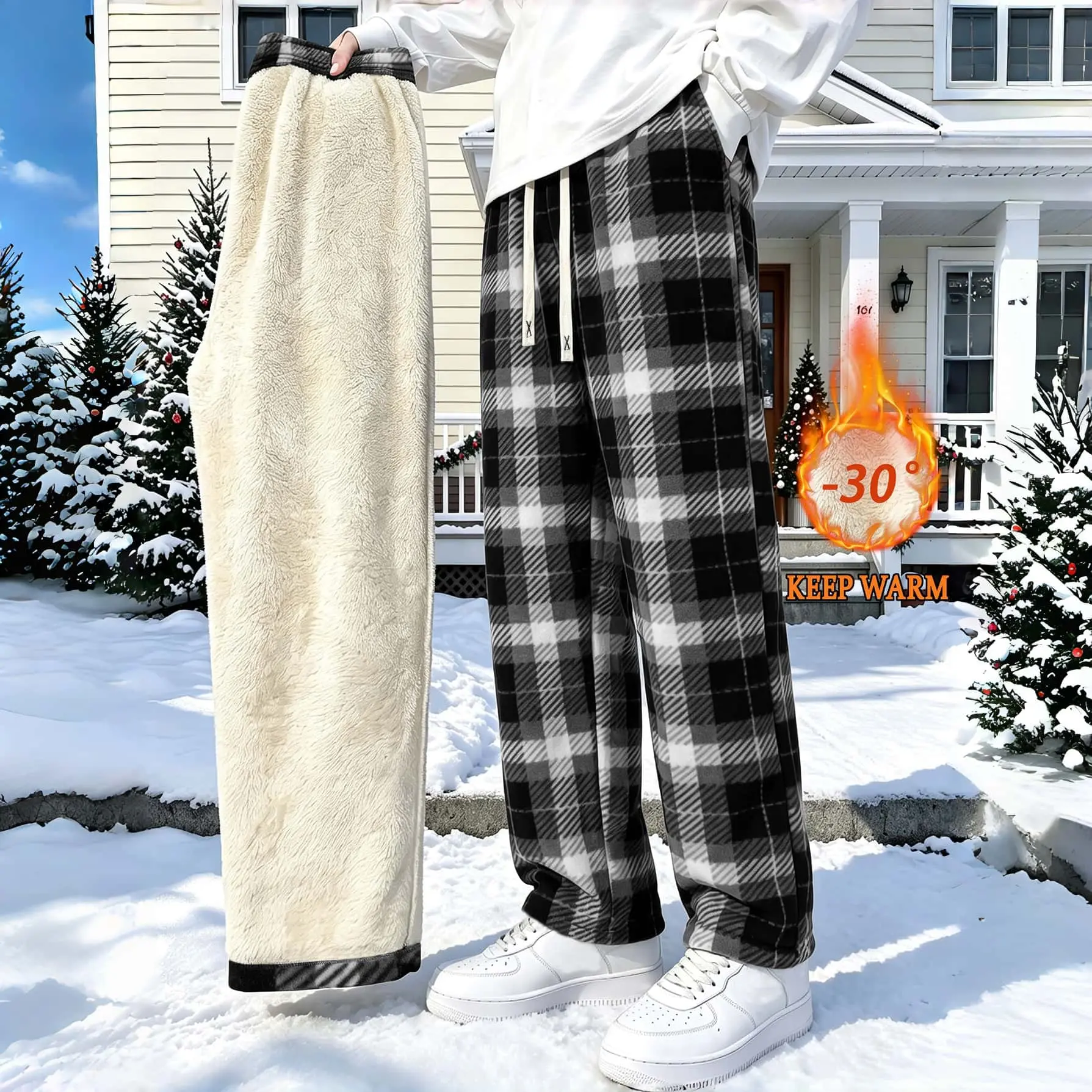 Men's thick checkered wide leg pants, -30 ° C ultra warm checkered pants, elastic drawstring loose straight leg winter sports pants, casual cold weather street wear outdoor snow daily casual pants regular sizes