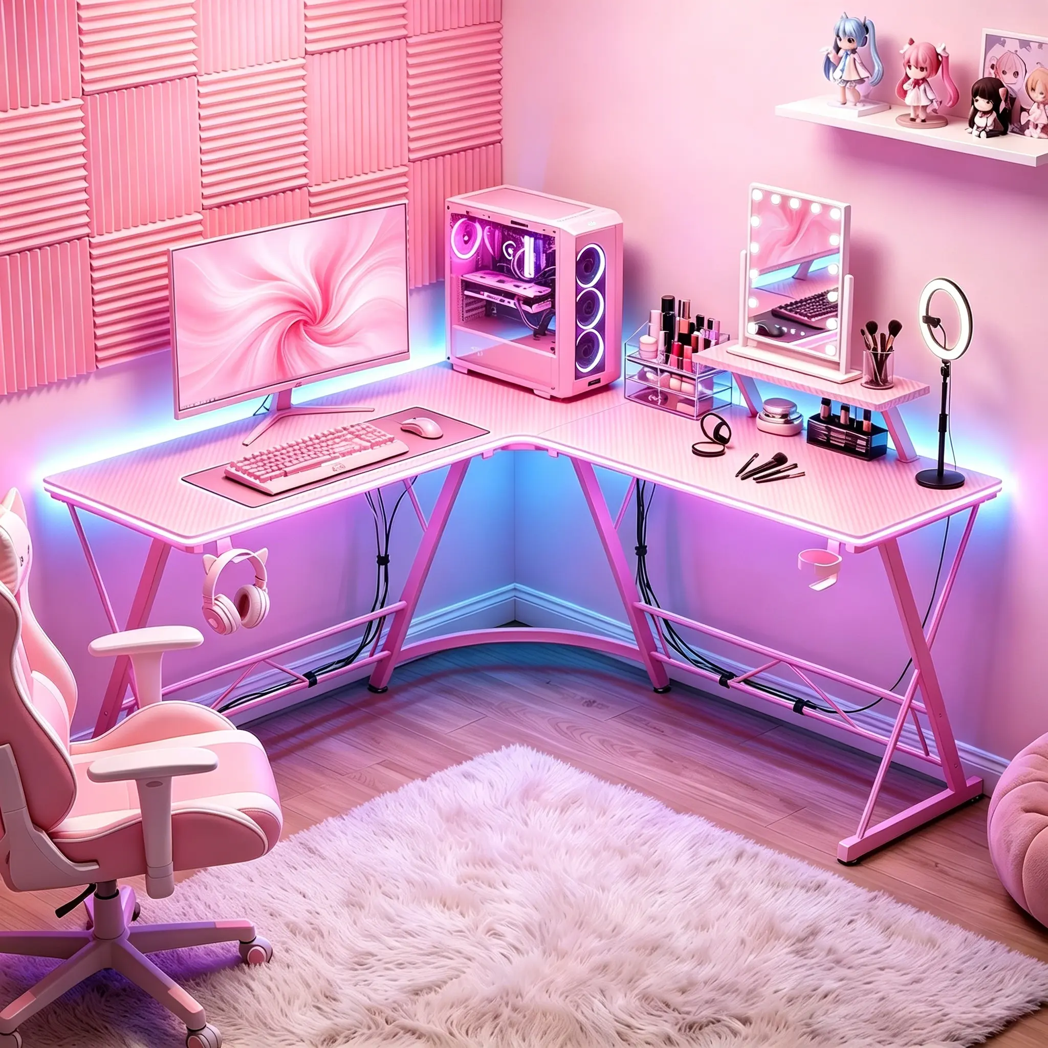 【Cute Desk!!!】Mr IRONSTONE Gaming Desk with Led Lights,Corner Computer Desk with Carbon Fiber Surface,L shaped desk, Home Office Desks Writing Workstation with Large Monitor Stand, Easy to Assemble 51 Inch