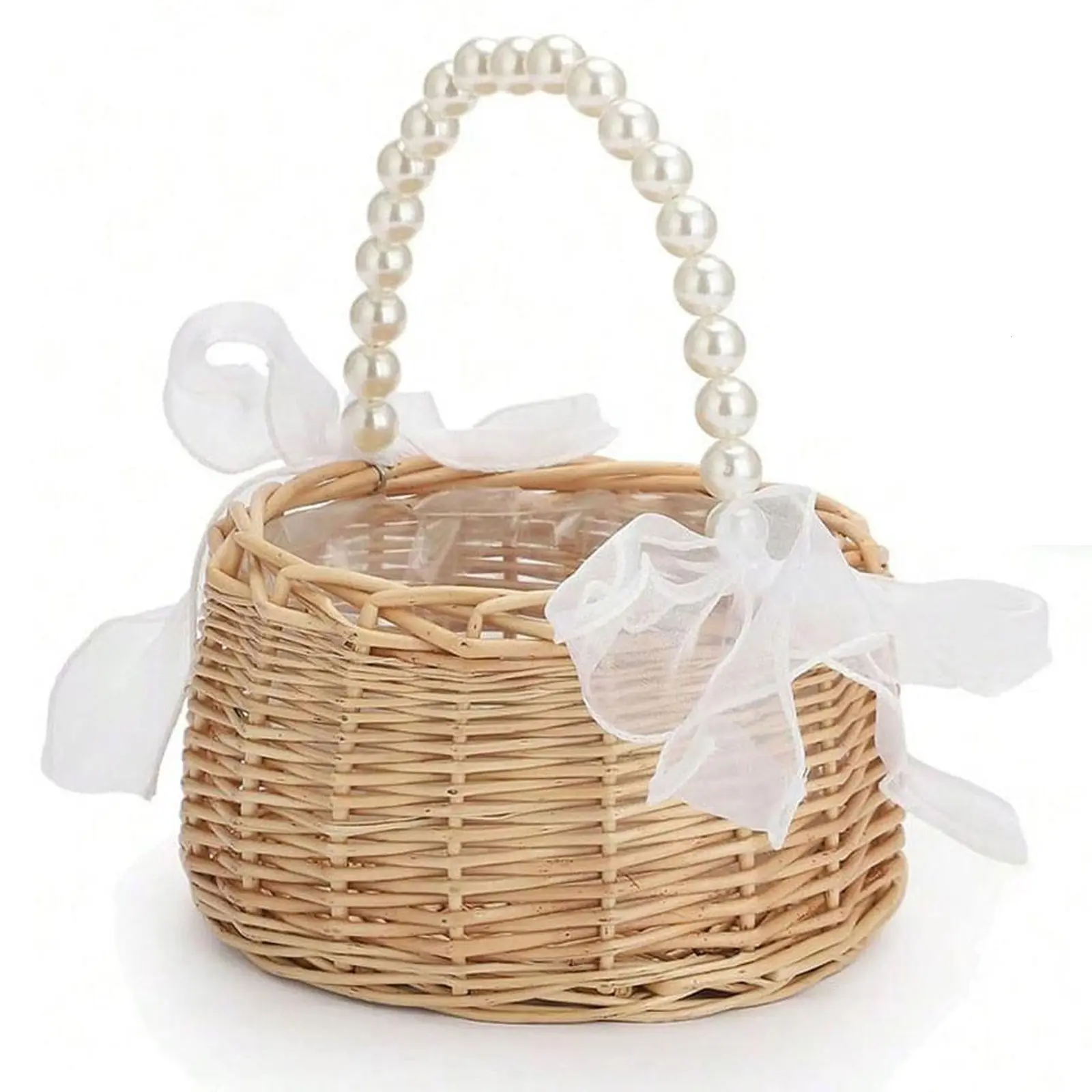 Handmade Woven Basket Wedding Flower Girl Basket, Pearl Handle & Bow Design, Fairy Tale Style Elegant Floral Storage Container, Basket Organizer