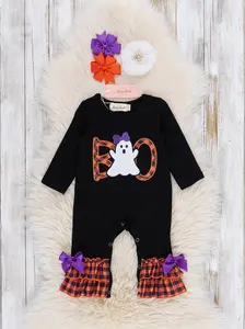 Orange & Black Ghostly Gingham Ruffle Romper