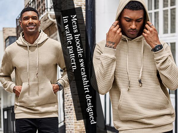 COOFANDY Men's Hooded Sweatshirt Long Sleeve Fashion Gym Athletic Hoodies Solid Plaid Jacquard Pullover with Pocket Classic Menswear hoodie Wool Beige