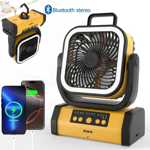 YEZUMOON 3-in-1 Camping Fan - Portable Rechargeable 30000mAh Battery Operated with Light & Remote, Bluetooth Speaker, USB-C, Quiet Oscillating Tent Fan for Outdoors, Travel, Home, Office, Beach, Fishing, Hurricane Gear Multifunction Light
