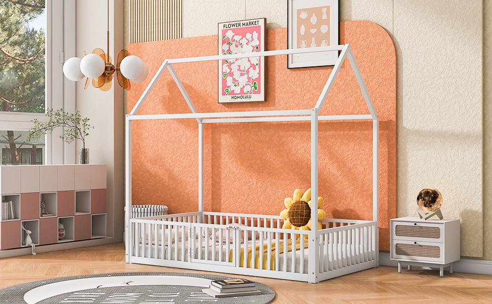 Bellemave Unique House Shape Bed - Twin/Full Size, 77x41x71in Black Distressed Washed Metal Frame, Modern Kids Furniture Bedroom, Safety Fence & Door, Portable Infant Bed, Unique Bed