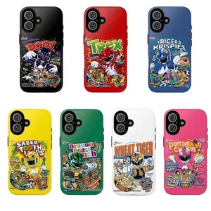 Retro Power Rangers Cereal Box Design Tough Phone Case for iPhone 11, 12, 13, 14, 15, 16, 17 Pro Max Plus. Trendy, Anti-Drop, Waterproof, Shockproof, Scratch-Resistant, Glossy Full Protection.