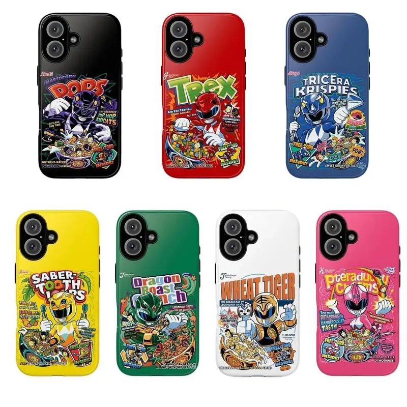 Retro Power Rangers Cereal Box Design Tough Phone Case for iPhone 11, 12, 13, 14, 15, 16, 17 Pro Max Plus. Trendy, Anti-Drop, Waterproof, Shockproof, Scratch-Resistant, Glossy Full Protection.