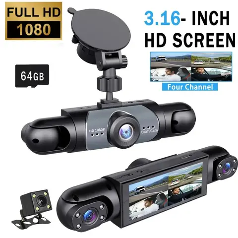 4 Channel Car Dash Cam 1080P HD DVR with 64GB Memory Card Night Vision Parking Mode 3.16" Screen Front Rear Left Right Cameras Dashcam