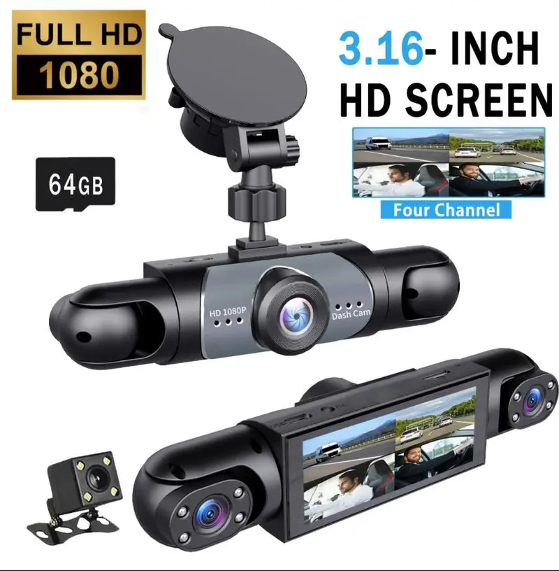 4 Channel Car Dash Cam 1080P HD DVR with 64GB Memory Card Night Vision Parking Mode 3.16" Screen Front Rear Left Right Cameras Dashcam