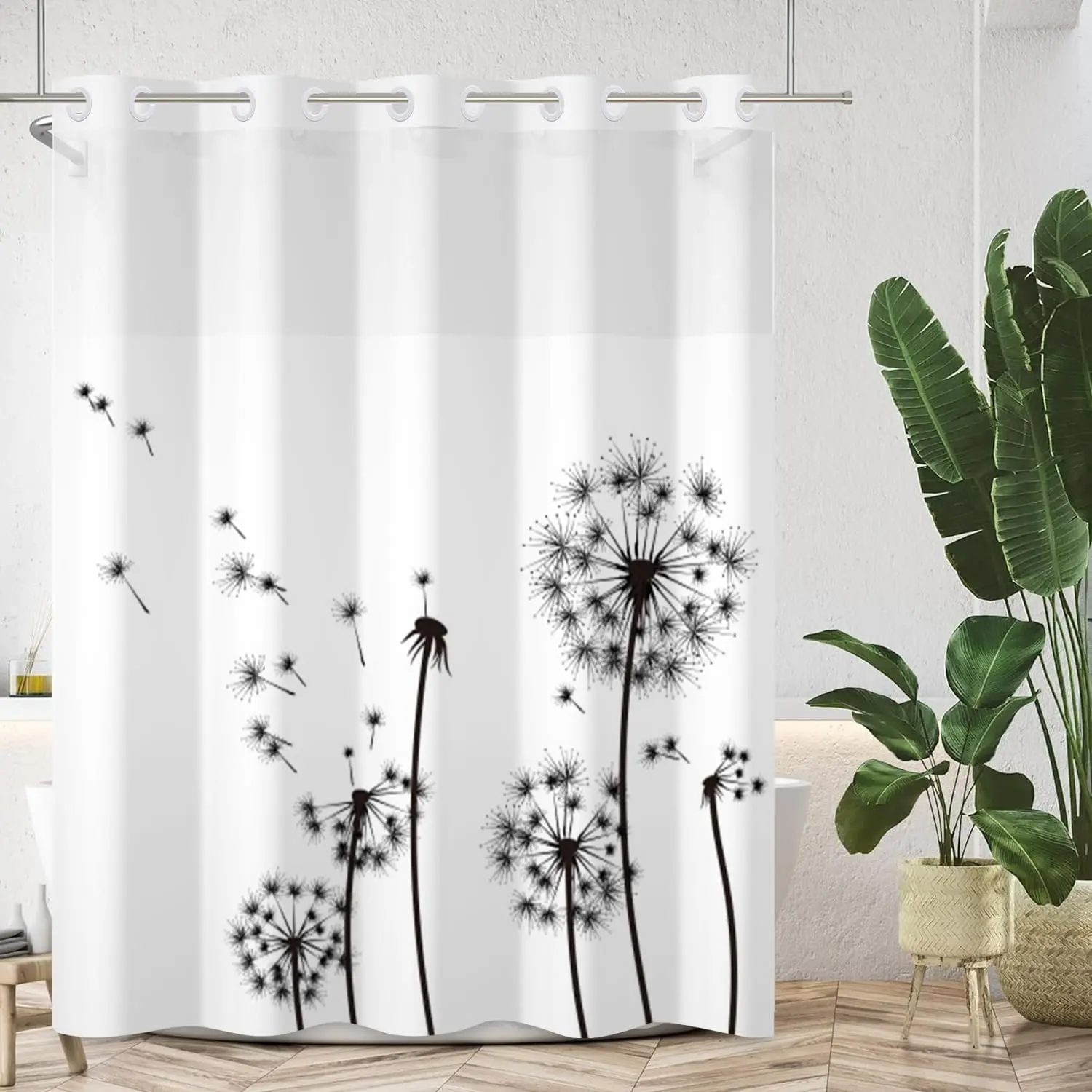 No Hook Shower with Snap in Liner Set| Shower Curtains for,Waterproof & Washable, Black and White Hotel Style,71x74 Inch