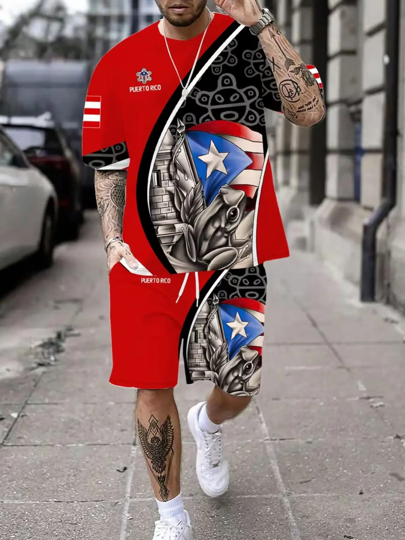 Men's Puerto Rico Flag Frog Cultural Print Two-Piece Casual Clothing Set, Casual Summer Tropical Beachwear for Daily Wear & Vacation, Fitted Short Sleeve Top and Track Shorts, Athletic Outfit, Menswear