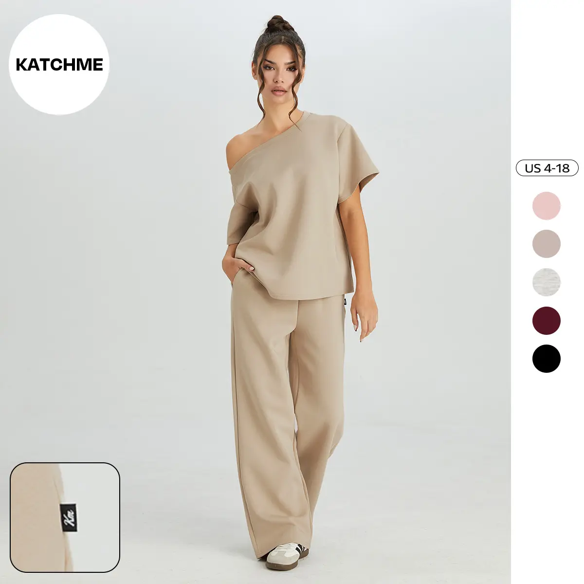 KatchMe Women's Casual Sloping Shoulder Short Sleeve Top & Drawstring Waist Wide Leg Trousers Co-ord, Basic Solid Color Two Piece Outfits, Soft Womenswear